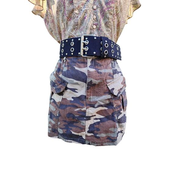 Y2k Justify Green Camo Cargo Pocket Grunge Punk Cyber Mini Short Skirt Sz L - Picture 2 of 8
